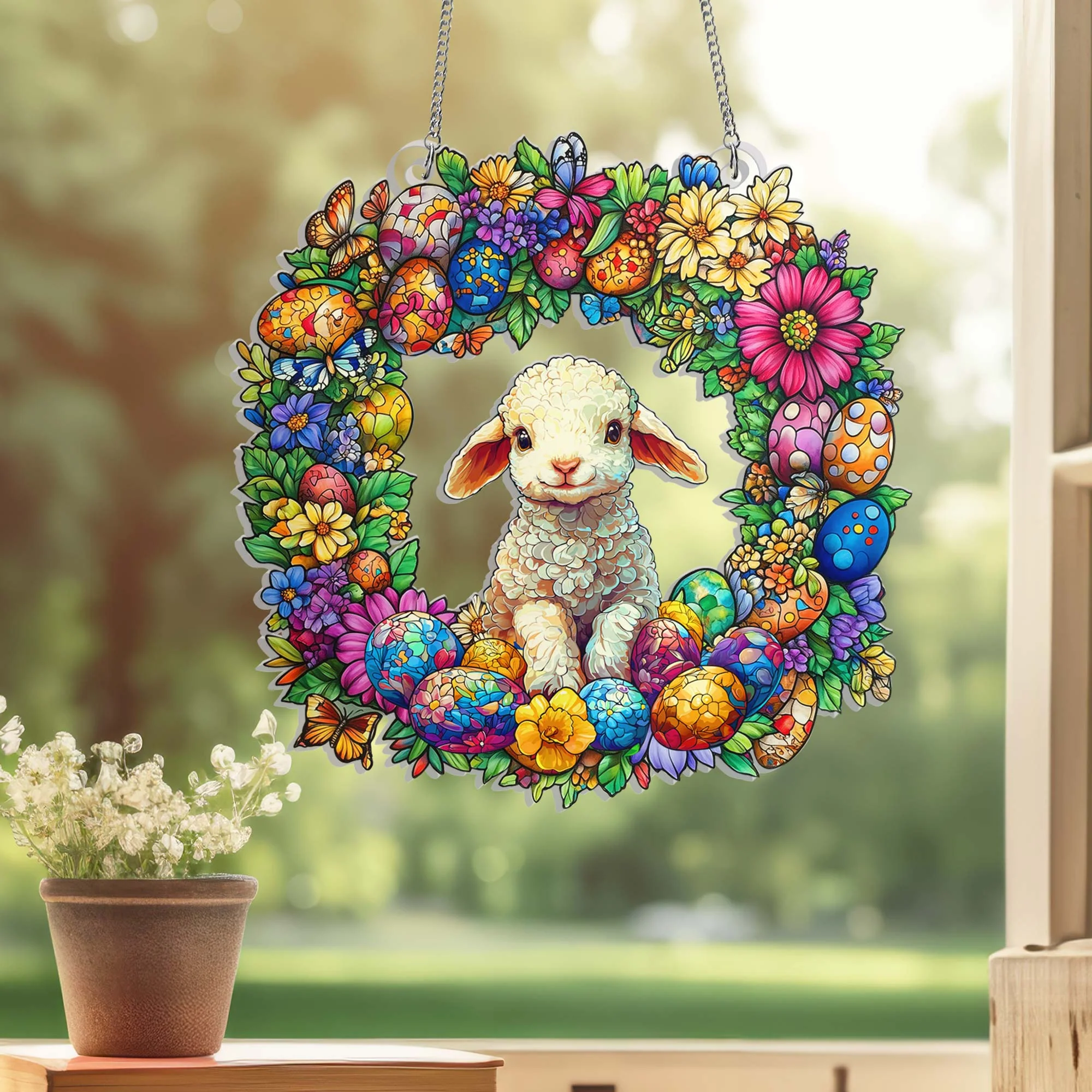 Easter Lamb Wreath Easter Eggs Suncatcher Acrylic Window Hangings