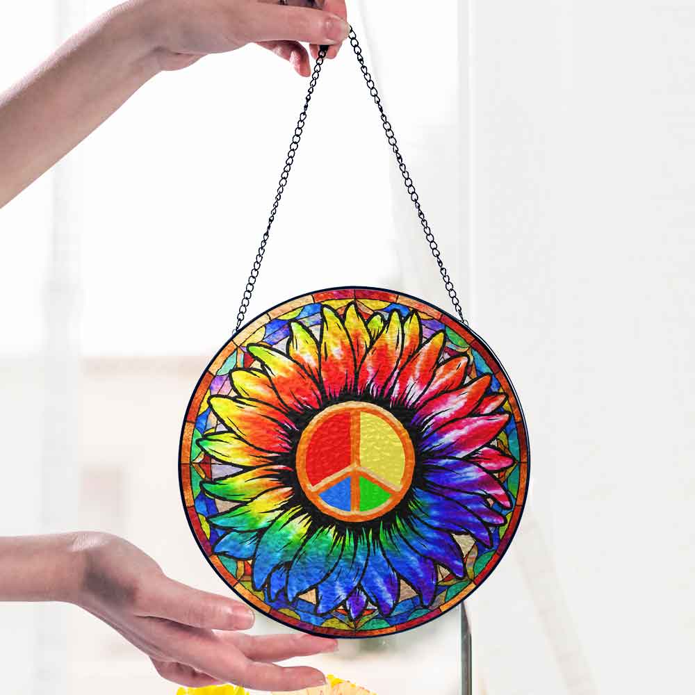 Hippie Stained Glass Suncatcher - Sunflower Peace Sign Acrylic Window Hanging
