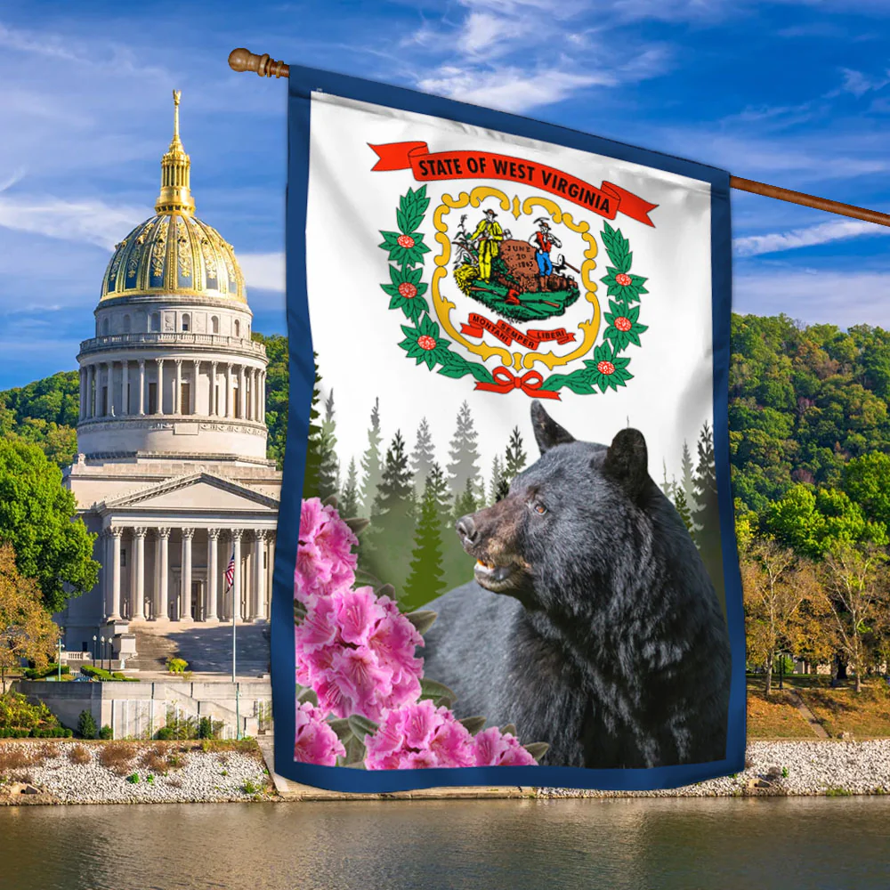 West Virginia Flag Black Bear And Rhododendron
