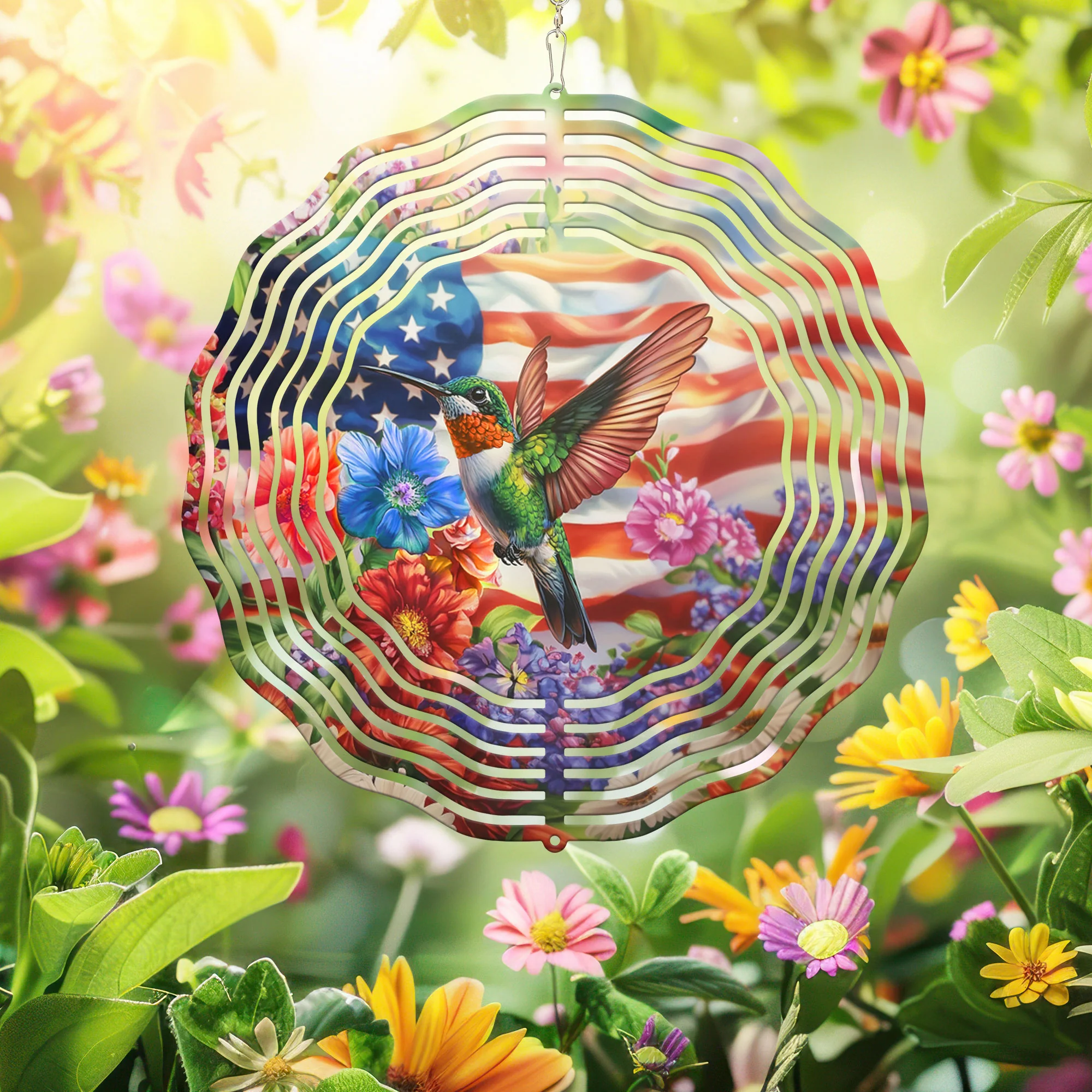 Hummingbird Flower With USA Flag Wind Spinner