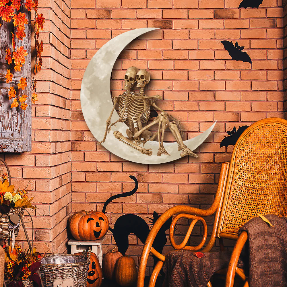 Halloween Skeleton Couple On The Moon Hanging Metal Sign Wall Sign QNK1005MSv19