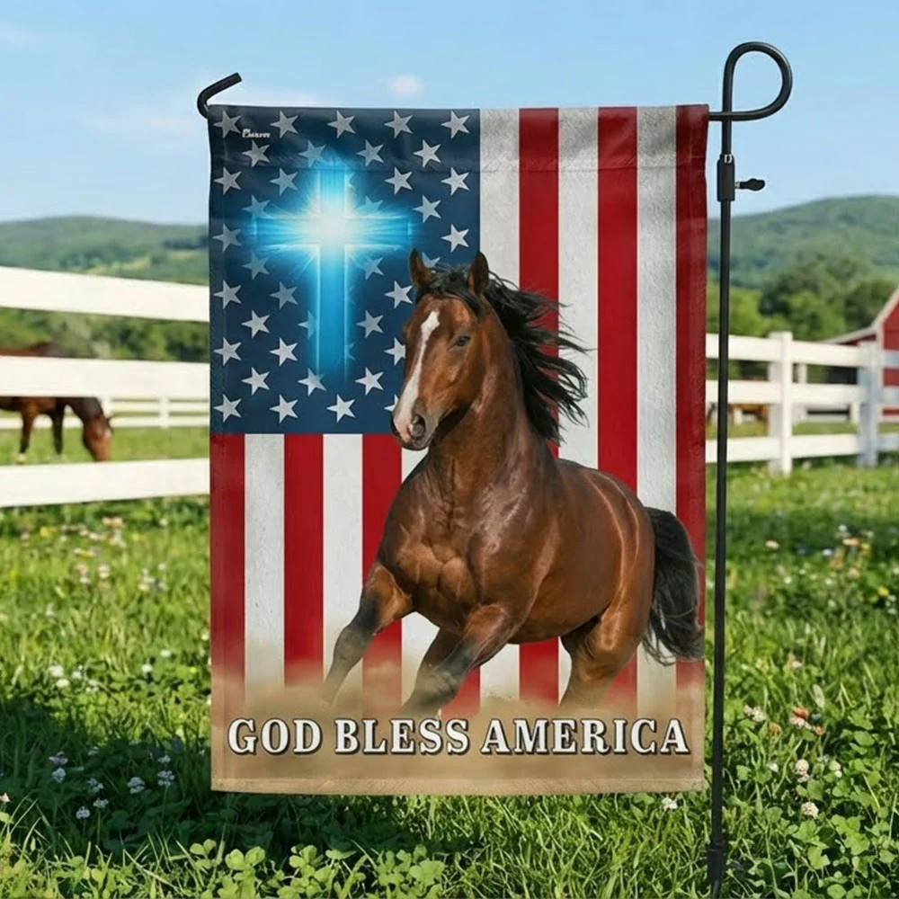 Patriotic Horse American Flag, God Bless Horse Farm Outdoor Flag