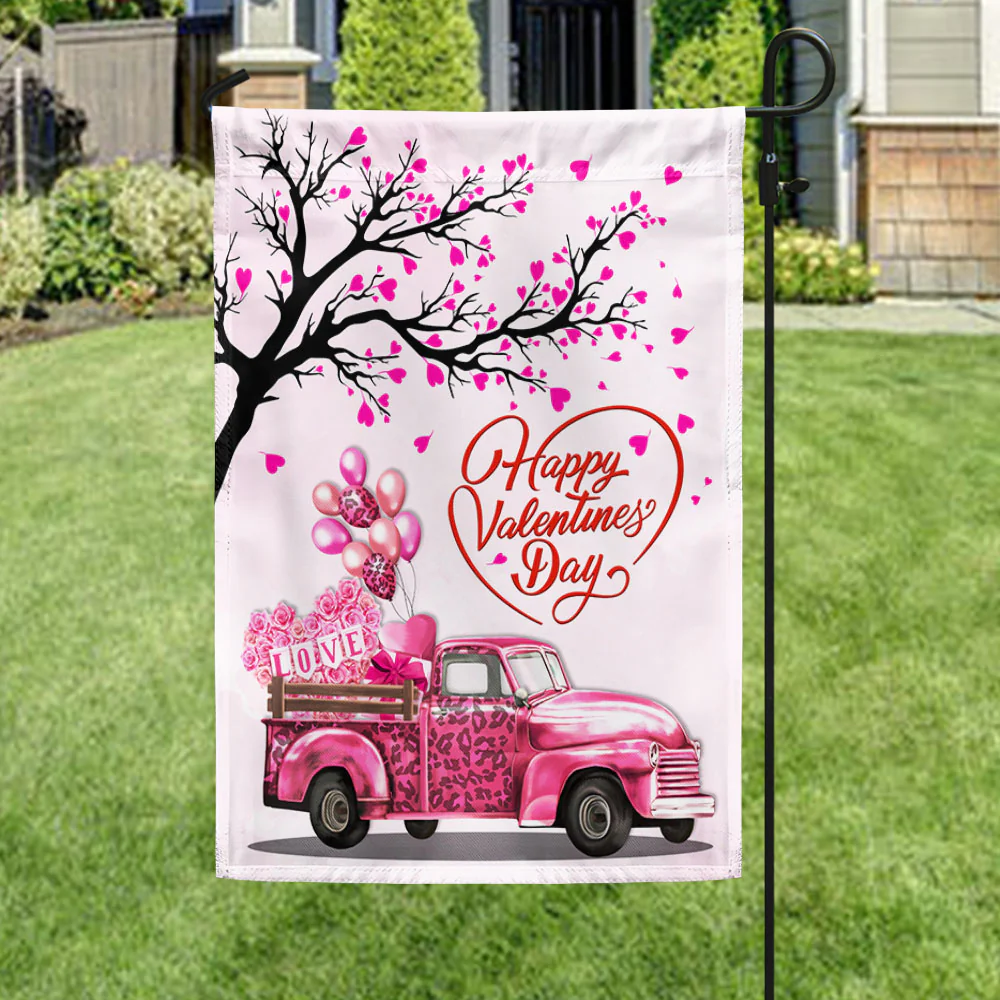 Happy Valentine's Day Flag Pink Truck Valentine Home Decor