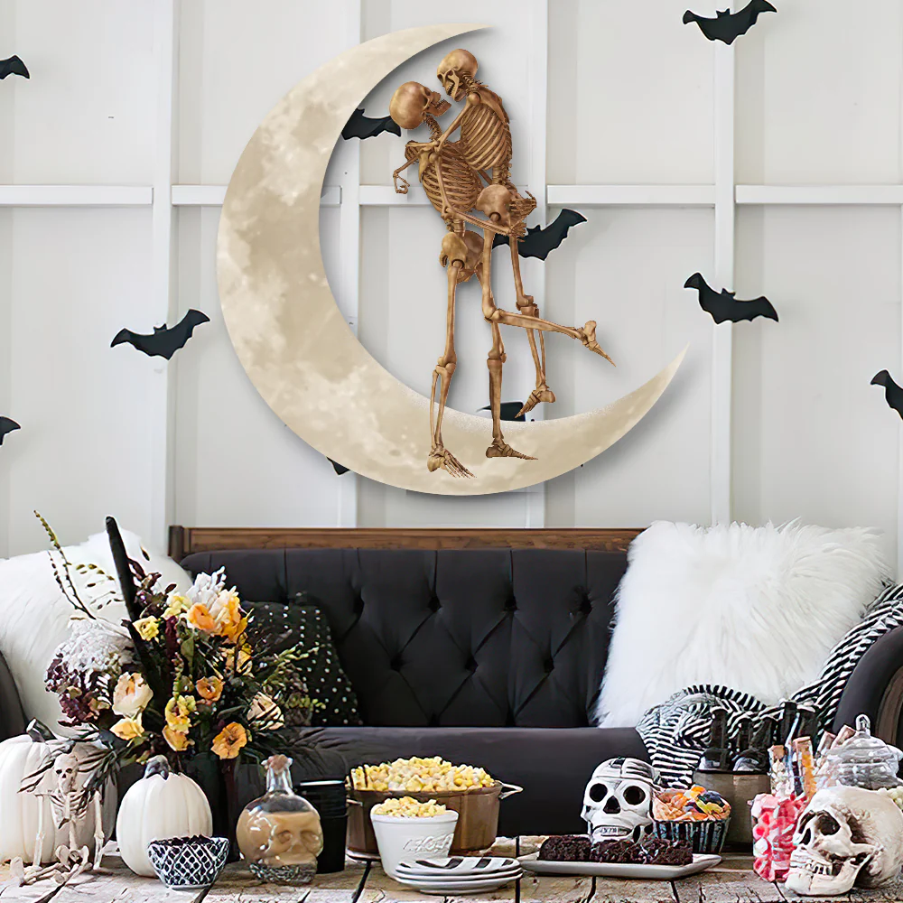 Skeleton Couple  Kiss Halloween On The Moon Hanging Metal Sign Wall Sign QNK1005MSv19b