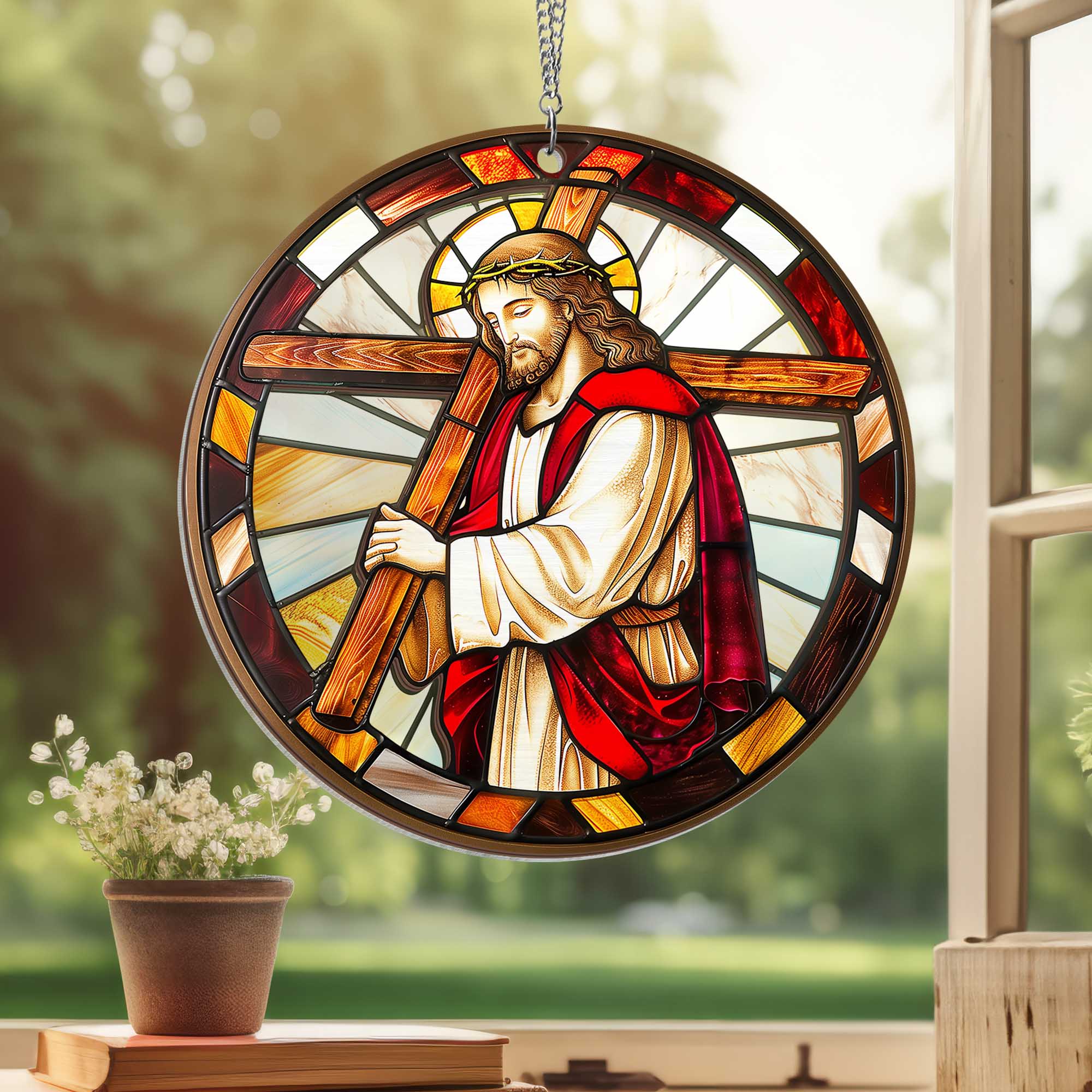Jesus Holding A Cross 2 Layered Hanging Suncatcher