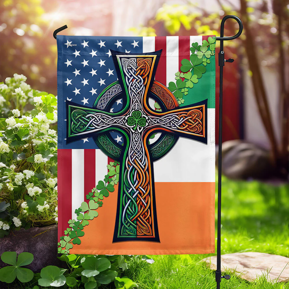 Irish Celtic Knot Cross with Shamrock, Happy St. Patrick’s Day Irish American Flag TPT1539Fv1