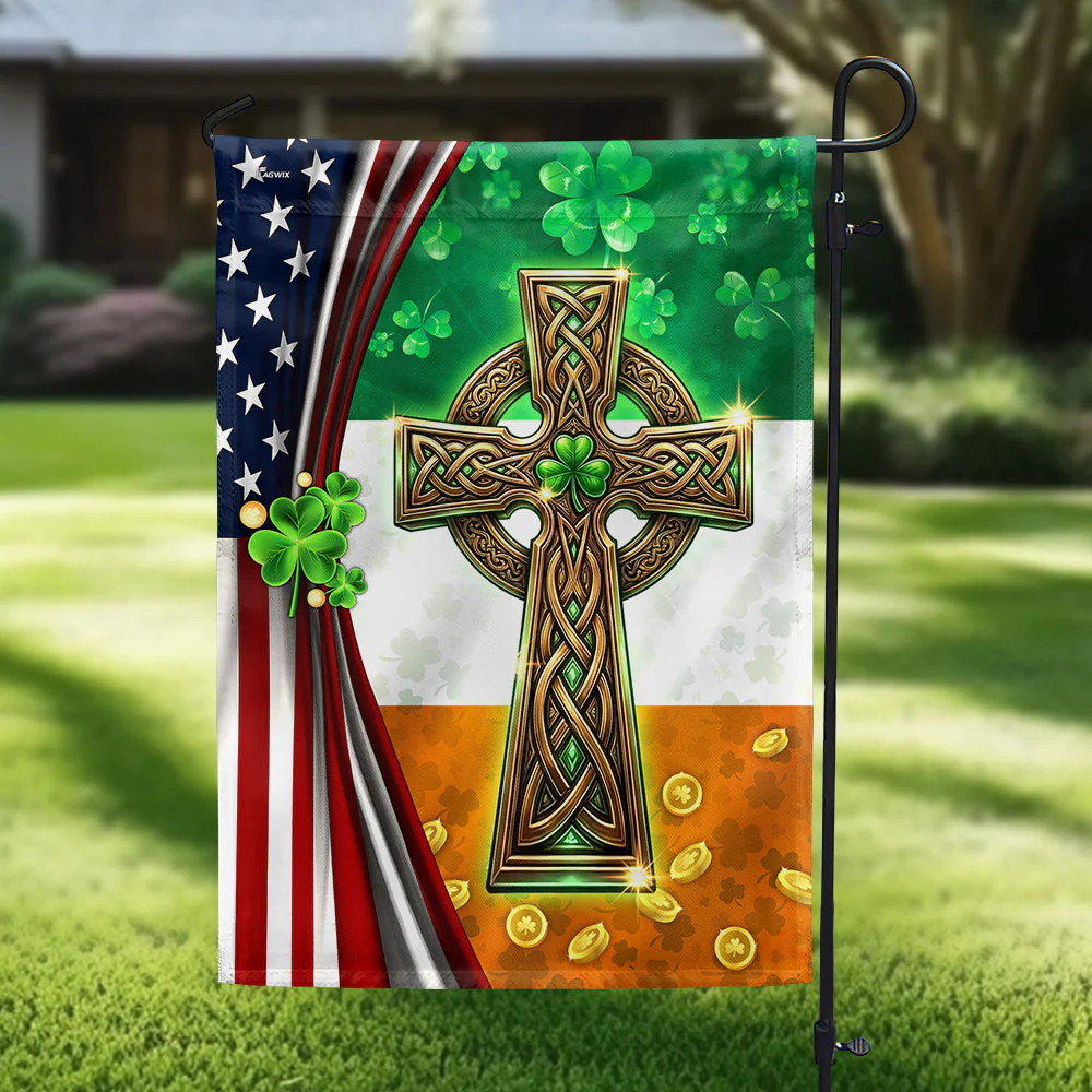American Irish Celtic Knot Cross Flag, Shamrock St. Patrick’s Day Flag
