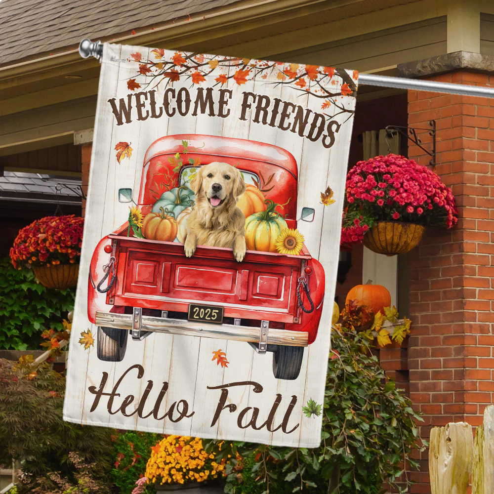 American Flag - Hello Fall Golden Retriever Flag - Double-Sided Canvas for Indoor/Outdoor Decoration
