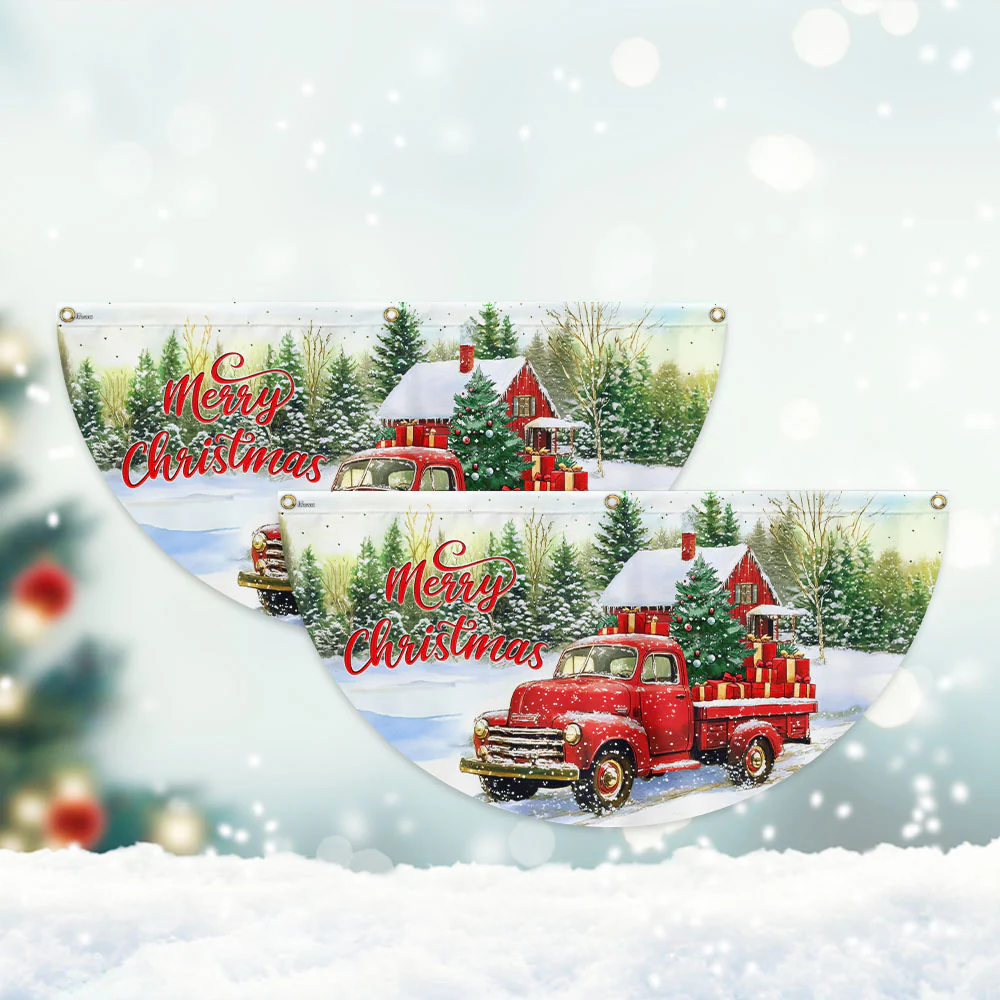 Red Pickup Truck Merry Christmas Non-Pleated Fan Flag