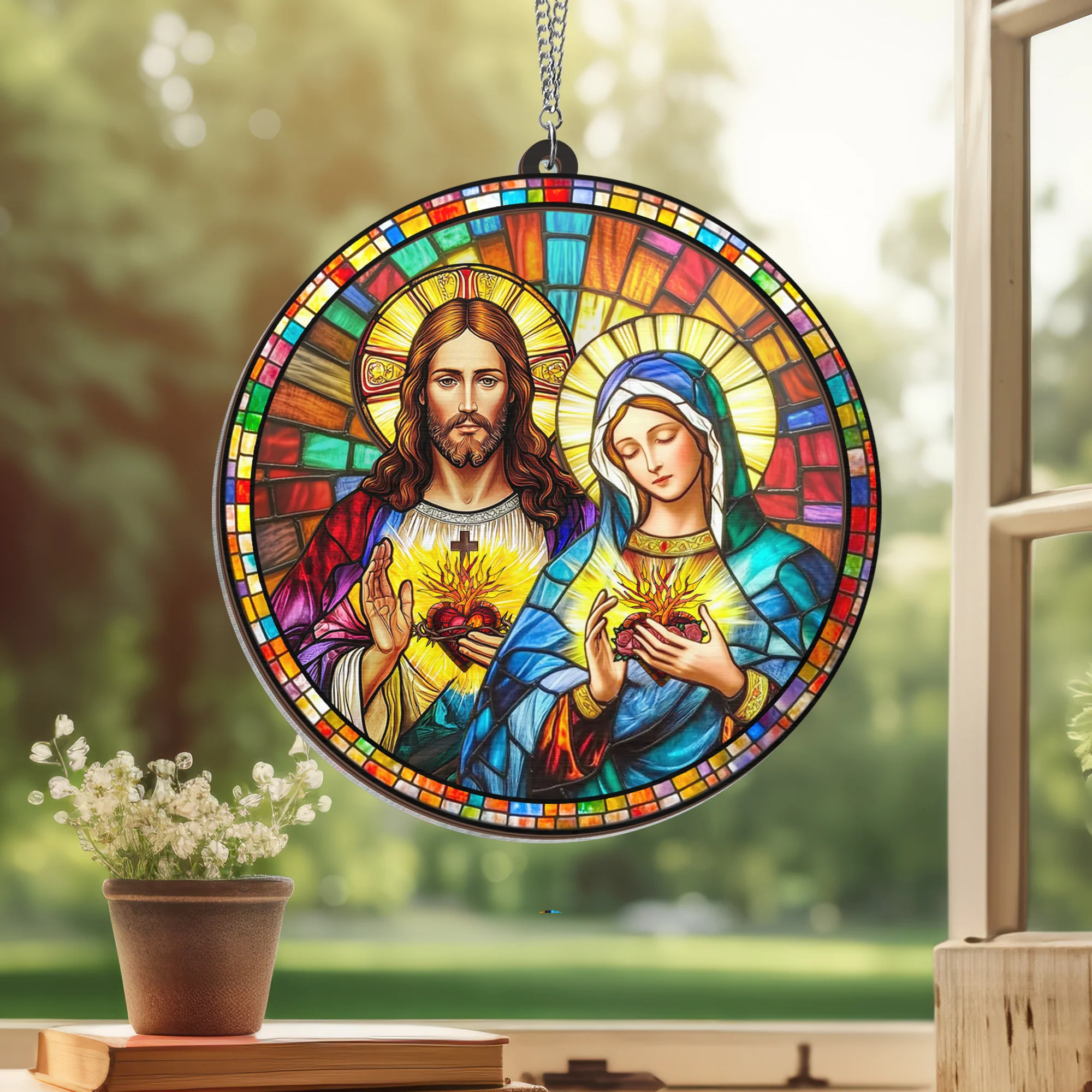 Sacred Heart of Jesus & Immaculate Heart of Mary 2 Layered Hanging Suncatcher