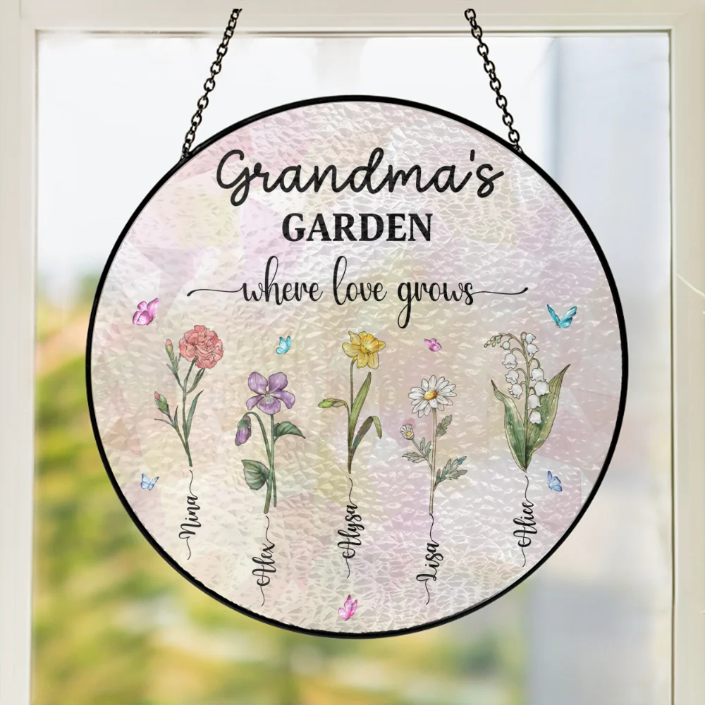Personalized Grandma's Garden Stained Glass Suncatcher, Birth Month Flowers Stained Glass, Mothers Day Gifts For Nana Custom Garden Decor