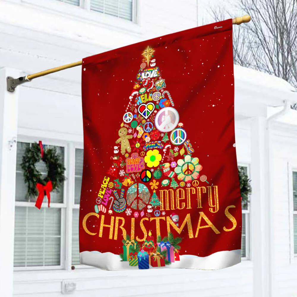 Hippie Christmas Tree Flag Merry Christmas, Flag for Home and Garden Decor
