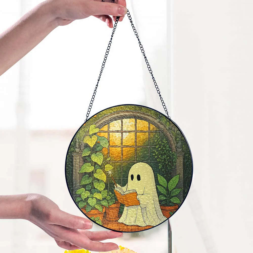 Cute Ghost at Greenhouse Suncatcher - Stained Glass Window Hanging For Plant Lovers