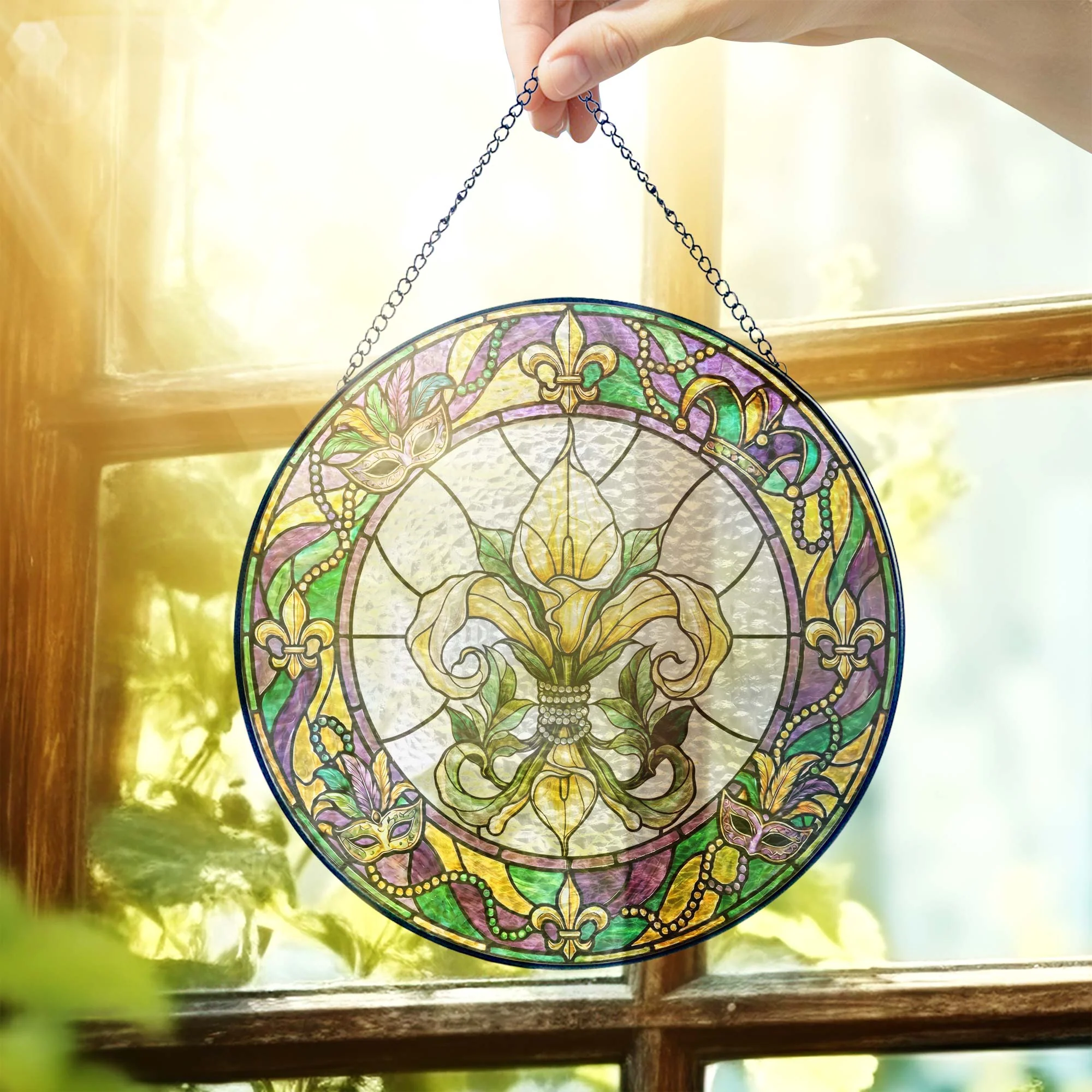 Mardi Gras Suncatcher, Stained glass Fleur de Lis Carnival Gift Decor